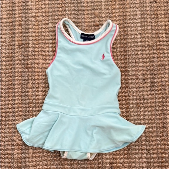 β¨ Ralph Lauren Aqua Toddler Swimsuit w/ Pink Trim β One-Piece β Size 18β24M β¨ - Picture 1 of 3